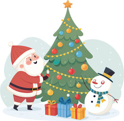 Santa and Snowman with Christmas Tree Illustration
