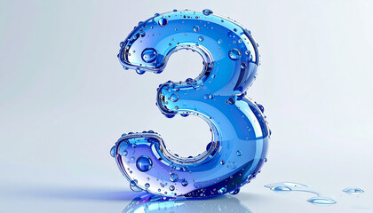 Abstract futuristic number 3 in glossy 3D style covered with water droplets, white background