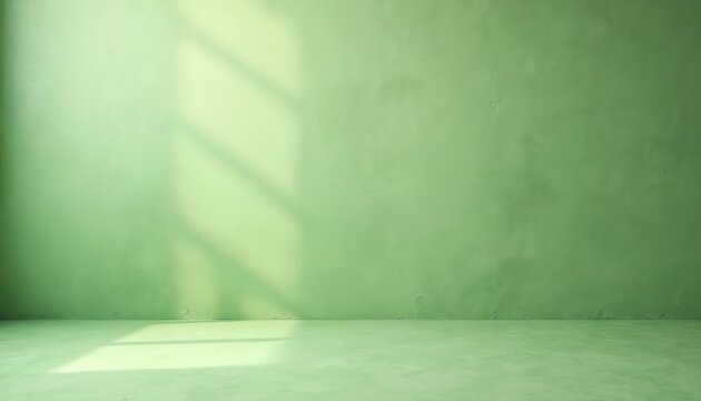 Empty green studio room with textured wall, floor surface. Bright sunlight creates window shadows across empty studio backdrop. Clean space for product display, modern design concept, eco friendly