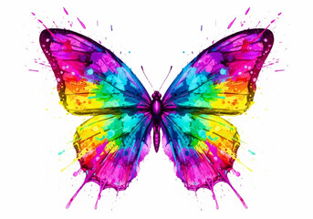 Vibrant watercolor butterfly art with colorful paint splash and splatter, a beautiful creature in a dynamic artistic display