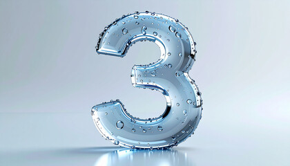 Abstract futuristic number 3 in glossy 3D style covered with water droplets, white background