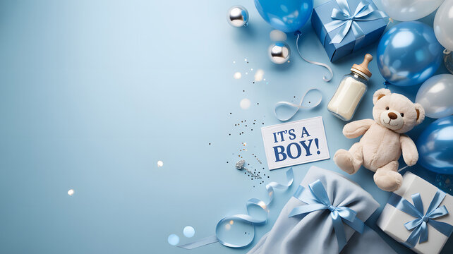 Newborn baby boy gift set flat lay with teddy bear, it's a boy card, balloons and clothes on blue background with copy space