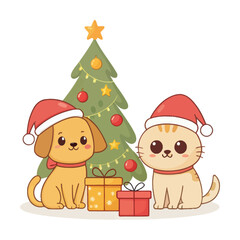 Cute Dogs with Christmas Tree and Gifts