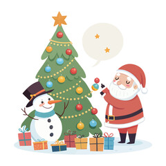 Santa and Snowman Decorating Christmas Tree