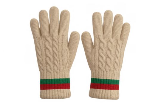 Pair of beige knitted wool gloves with cable knit pattern and distinctive red and green stripe details, transparent background