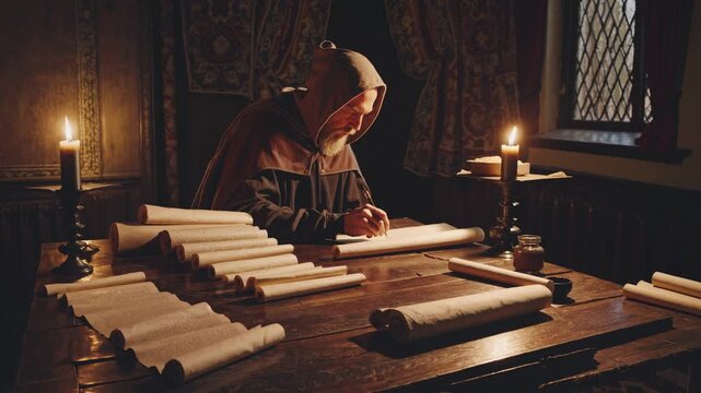 A medieval scribe writes by candlelight in a dimly lit room. The video captures a side angle, highlighting the rustic and historical ambiance.