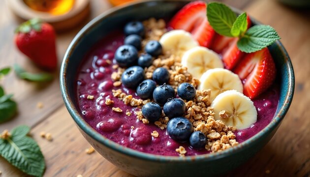 Deep purple acai bowl with fresh blueberries, sliced strawberries, bananas, and granola. Delicious healthy breakfast or snack served in a rustic bowl on wooden table. Smoothie bowl with fruit topping.