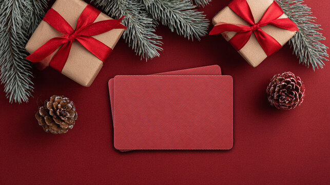 Festive decorations with gift boxes and red cards on a table