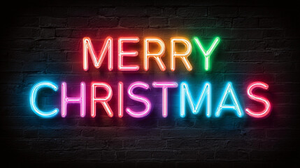 Colorful neon sign wishing Merry Christmas on a dark background