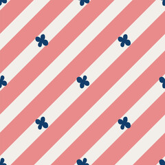 Cute diagonal pink and white striped background with scattered tiny blue four-petal flowers, seamless floral pattern for fabrics, wallpapers, and stationery.