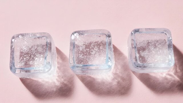 Three ice cubes sit in a row against a pink background, creating shadows