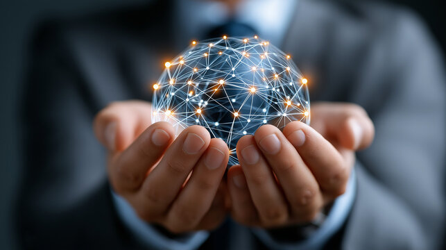 Businessman holding globe with network links, digital marketing strategy, creative solution, innovation, business development technology, with copy space