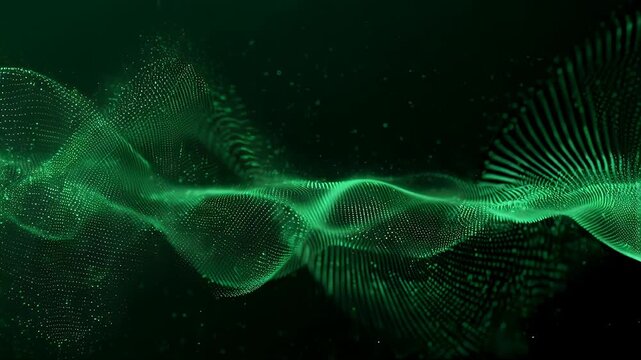 Green, dot-matrix waves float against a dark background, speckled with tiny floating green circles