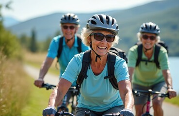 Three happy elderly friends ride bicycles together on a sunny day. They wear helmets and backpacks, enjoying outdoor activity on a path near a lake or river. Seniors stay active and healthy.