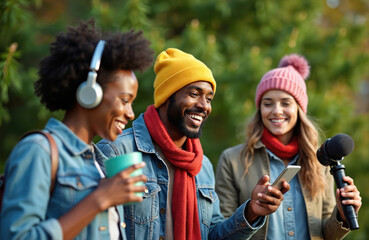 Diverse young friends film video outside with phone and mic. They wear winter hats and jackets, smiling and collaborating on content creation. Teamwork happens in park.