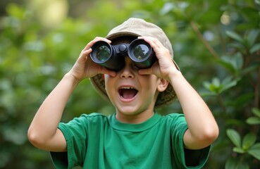 Excited young boy wearing hat looks through binoculars in green nature. Child discovers wildlife with magnifying optics, enjoys outdoor adventure. Happy kid explores forest, studies plants, fun