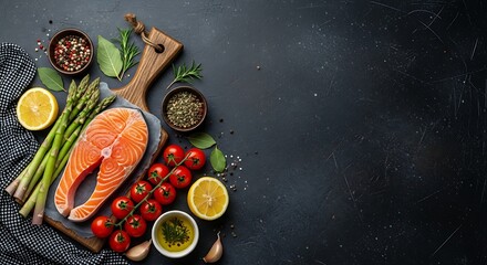 Fresh Salmon Steak Asparagus Cherry Tomatoes Lemon and Spices on Dark Textured Background fish seafood
