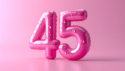 Abstract futuristic number 45 in glossy 3D style covered with water droplets, pink background