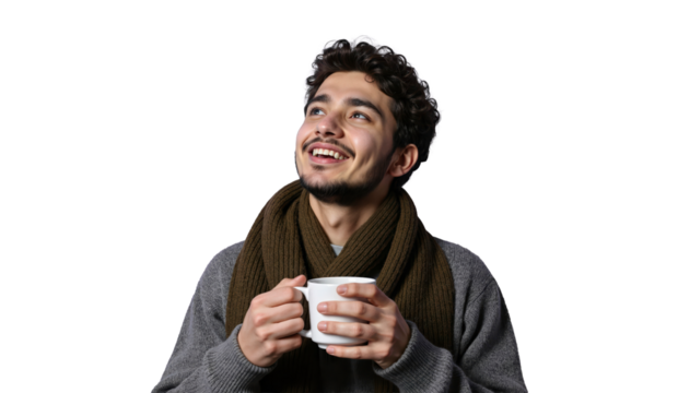 Handsome businessman smiling and holding a black coffee mug