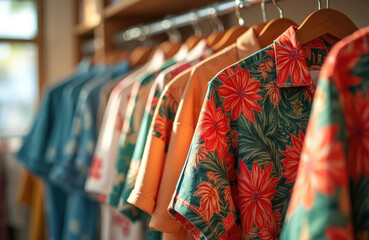 Summer shirts with floral patterns hang on a wooden rack in a store. Various colorful short sleeved tops and casual attire are neatly displayed for sale. Many garments available for purchase.