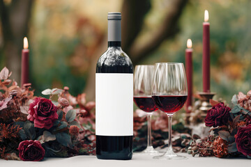 Romantic dinner setting with a red wine bottle with a blank label and glasses with red wine on the table decorated with deep red roses