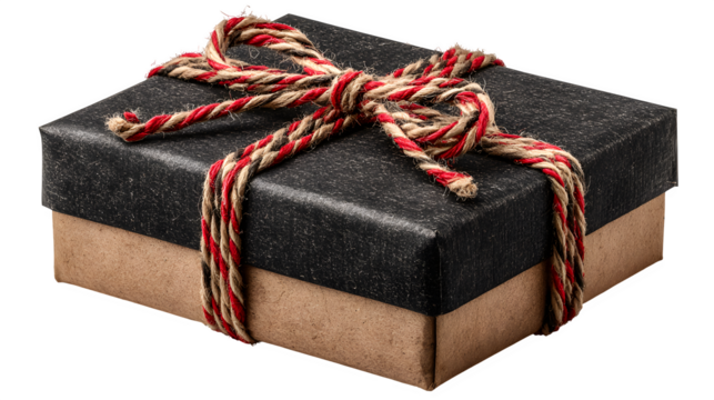 Black wrapped Christmas gift tied with red and black twine conveying modern festive style isolated on white background