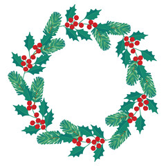 Holly and spruce branches wreath. Christmas frame round shape with copy space. Floral festive composition on white background. Botanical border with red berries. Vector design for poster template.
