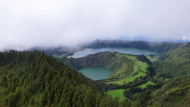 AZORES - 10.27.2025 - Beautiful aerial footage approaching a scenic volcanic crater on Sao Miguel Island.