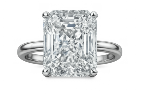 Radiant cut diamond solitaire ring in a platinum setting on a transparent background, symbolizing engagement and luxury