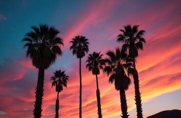 Obraz premium Palm trees stand silhouetted against a vibrant desert sunset sky with vivid pink orange and blue hues. The tropical landscape evokes a sense of warm vacation and serene travel.
