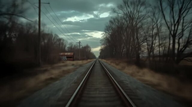 Railway tracks recede toward the horizon under a cloudy sky flanked by trees and a small graffitied building