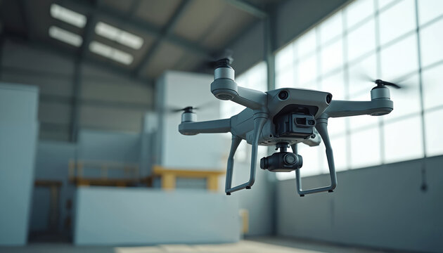 Drone flies in industrial space. Inspection quadcopter with camera floats indoors. Unmanned aerial vehicle checks area. Modern tech helps control examine building construction warehouse automation.