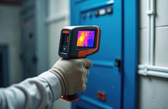 Gloved hand holds thermal imager scanning electrical panel. Device shows heat map of equipment. Technician checks machine performance, detects issues, ensures safety. Professional checks industrial