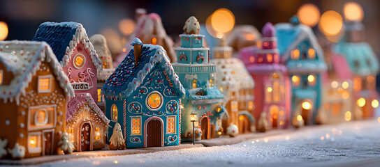 Naklejka premium Christmas gingerbread city or town. Colorful christmas gingerbread house panorama - concept