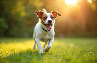 Jack Russell terrier runs fast on green lawn. Happy dog walks towards camera. Domestic animal pet enjoys nature in sunshine. Energetic mammal runs free on grass in summer.