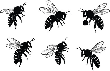 Bee silhouette vector illustration set, insect wildlife design, pollinator tattoo art, mascot, logo, decorative nature graphic element collection