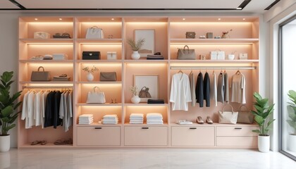 Wardrobe closet with luxury bags, clothes on hangers. Minimalist closet design in dressing room. Shelf with handbag collection. Modern fashionable showroom interior. Concept of clothing retail,