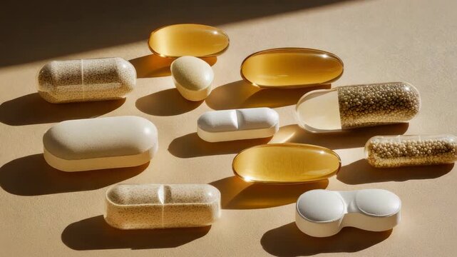 A collection of pills and capsules spread out on a surface.