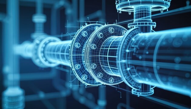 Digital blueprint shows complex industrial pipe system design for modern factory construction. Engineering plan for infrastructure, fluid transport. Abstract tech background with pipelines, valves,