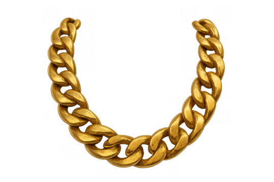 Gold cuban chain necklace symbolizing luxury fashion, hip hop culture, wealth, and elegance on transparent background