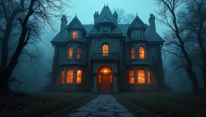 Dramatic photo of haunted house at night. Exterior of spooky mansion with glowing windows. Creepy scene with scary, dark atmosphere. Trees surround gothic building, pathway leads to front door.