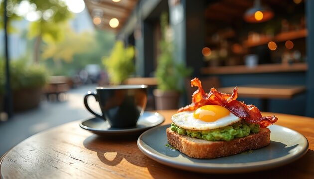 Delicious breakfast outside on cafe terrace with avocado toast with fried egg and bacon. Coffee cup stands nearby on wooden table. Healthy brunch meal on summer sunny morning. Food concept. - Powered by Adobe