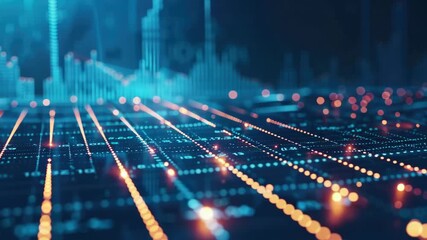 A high-tech of a circuit board glowing in hues of blue and orange, representing data flow and connectivity. Perfect for tech, artificial intelligence, or cyber security themes. - Powered by Adobe