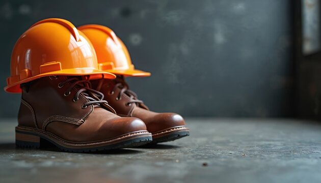 Orange hard hats and brown leather work boots stand ready for construction site. This safety gear represents worker protection and site readiness in an indoor setting. - Powered by Adobe