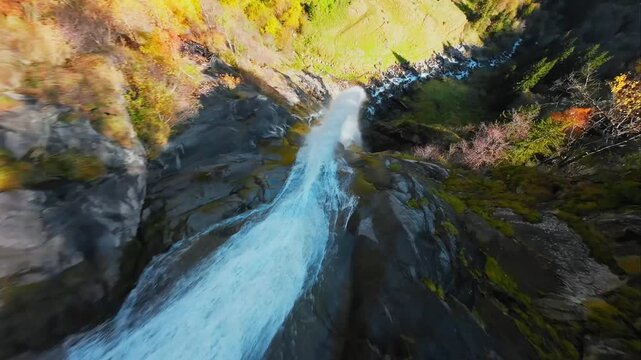 FPV Drone flies through the Partschins Waterfall near Meran, South Tyrol, Italy