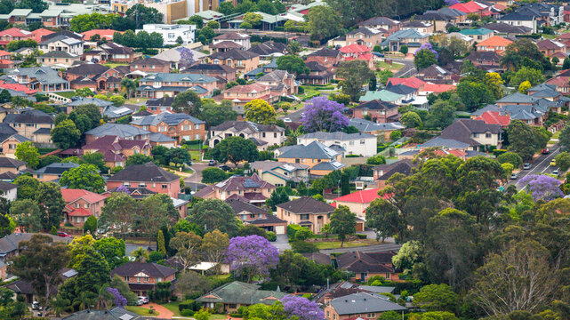 Scenic Bird&rsquo;s Eye View of Residential Homes in a Lush Suburb