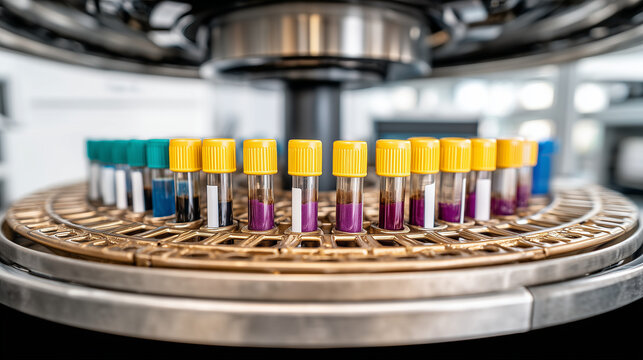 Close-up of test tubes with colorful liquid samples in a laboratory analysis machine. Medical research and diagnostics with automated centrifuge equipment in a modern lab.