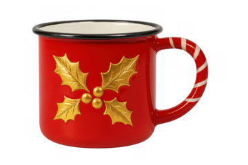 Red christmas enamel mug with golden holly design and candy cane striped handle, celebrating holiday festive season