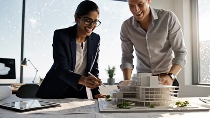 Two architects collaborate on a building model in a bright modern office - Powered by Adobe