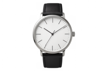 Minimalist wristwatch with black leather strap on transparent background displaying time and style